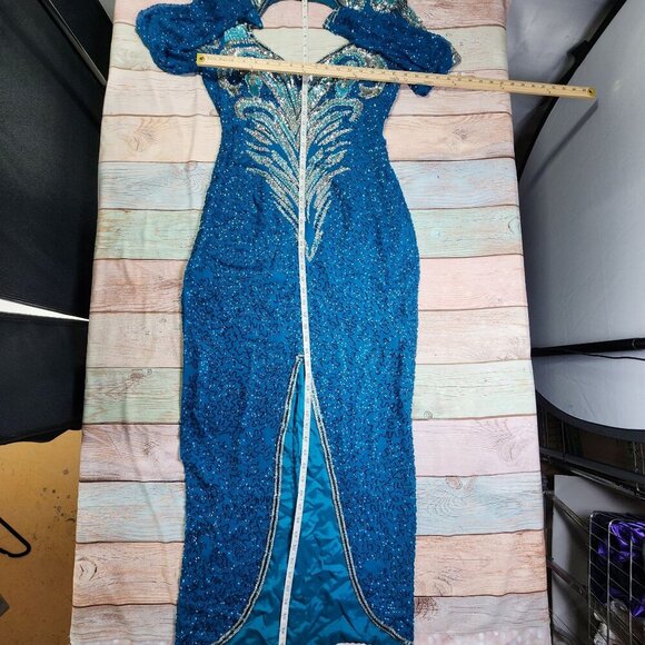 Vintage Alyce Designs Blue Sequin Gown With Beaded Patterns Long Sleeves & Front - Picture 9 of 11